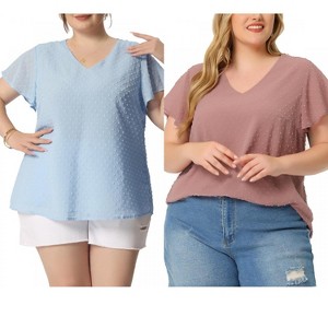Women's Plus Size 2 Pieces Swiss Dot V Neck Flutter Sleeves Summer Casual Blouses -Agnes Orinda - 1 of 4