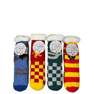 Harry Potter High Pile Fleece Lined Gripper Bottom Slipper Socks 4pk Gryffindor Slytherin Ron Wesley - 1 of 1