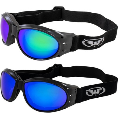 2 Pairs of Global Vision Eyewear Eliminator Safety Motorcycle Goggles with Green Mirror, Blue Mirror Lenses