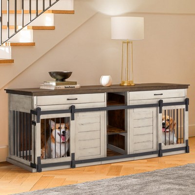 Large White Wood Dog Crate Table with Drawers