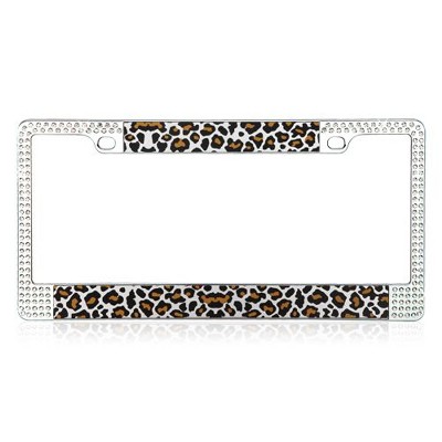 MYBAT Brown Leopard Design License Plate Frames with Double Row Shining White Crystals