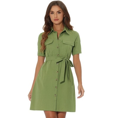 Allegra K Women's Collared Side Pockets Button Up Cotton Belted Shirt Dress
