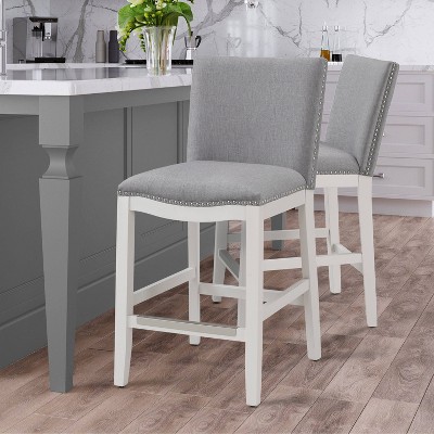 Gray Upholstered Counter Height Barstool with Nailhead Trim