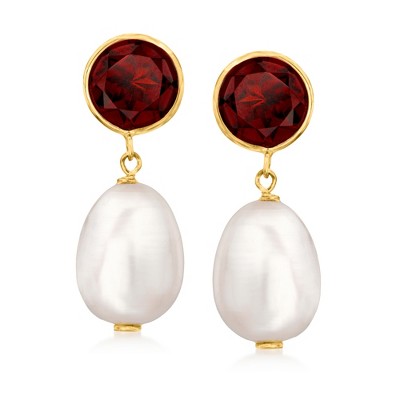 Ross-Simons 8-8.5mm Cultured Pearl and 2.70 ct. t.w. Garnet Drop Earrings in 14kt Yellow Gold