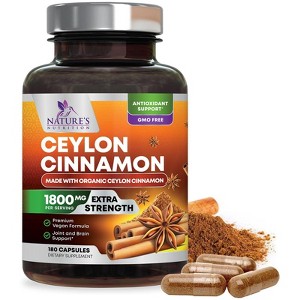 Organic Ceylon Cinnamon Supplement 1800mg - Certified Organic Ceylon Cinnamon Powder Pills - Energy & Heart Support for Women & Men - 180 Capsules - 1 of 4