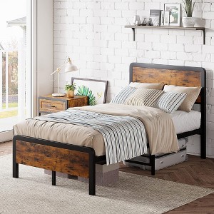Whizmax Bed Frame with Headboard, Platform Bed Frame with Safe Rounded Corners & Strong Metal Slats Support, Brown - 1 of 4