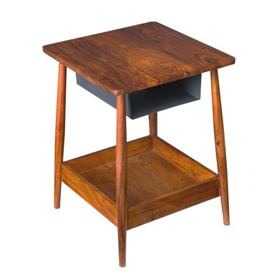 Solid Wood Accent Table with Metal Basket and Bottom Shelf Brown/Black - The Urban Port