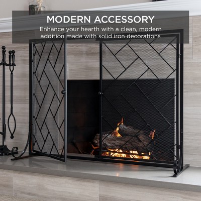 Black Wrought Iron Geometric Fireplace Screen with Magnetic Doors