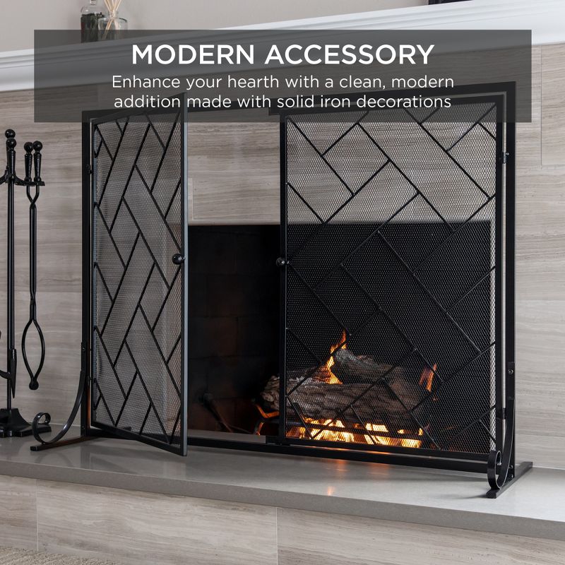 Best Choice Products 44x33in 2-Panel Handcrafted Wrought Iron Geometric Fireplace Screen w/ Magnetic Doors, 4 of 11