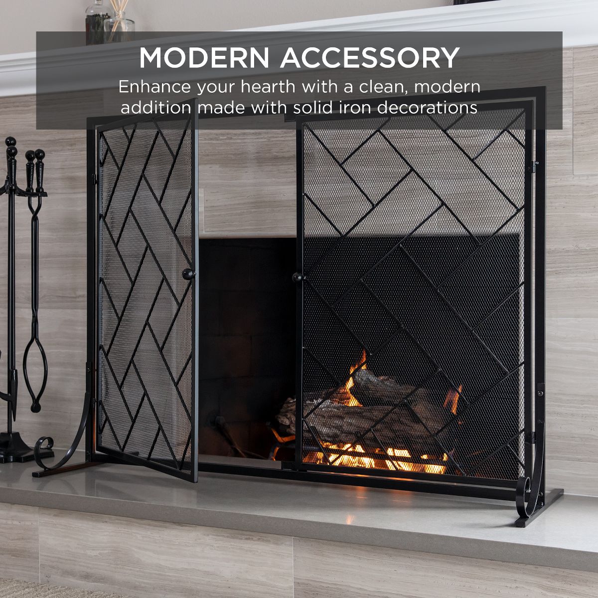 Best Choice Products 44x33in 2-Panel Handcrafted Wrought Iron Geometric Fireplace Screen w/ Magnetic Doors - Black - thumbnail 3