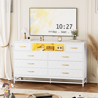 Jojoka Modern 8 Drawer Wood Dresser with Gold Knobs, Solid Wood TV Console with LED Lights & Power Outlet for Bedroom