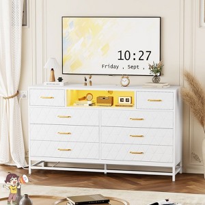 Jojoka Modern 8 Drawer Wood Dresser with Gold Knobs, Solid Wood TV Console with LED Lights & Power Outlet for Bedroom - 1 of 4