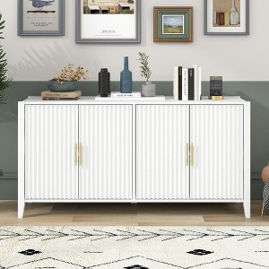 CAVINAS 63.1" Modern Sideboard with 4 Vertical Wavy Slatted Doors,Kitchen Storage Cabinets with Solid Wood Legs for Kitchen,Dining Room - 1 of 4