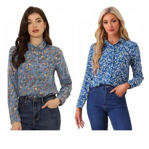INSPIRE CHIC Women's Point Collar Long Button Sleeve Button Down Floral Shirt 2 Packs - 1 of 4