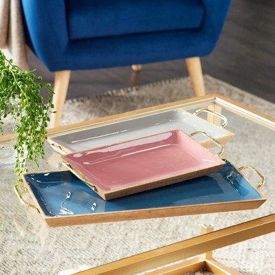 Multi Colored Enamel and Mango Wood Rectangular Tray Set