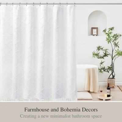 LunaLulinlk White Boho Shower Curtains With Tassels,Heavy-Duty Mold/Mildew-Resistant