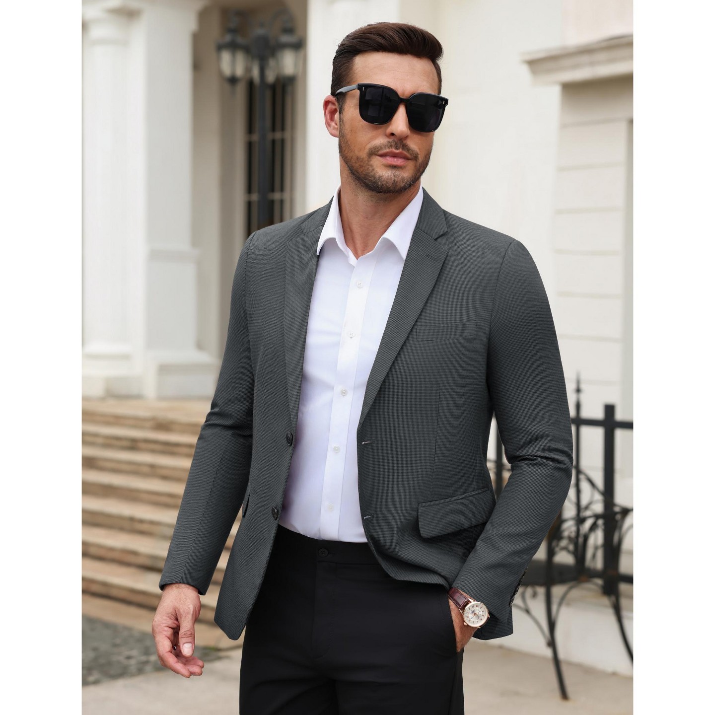 Мужской пиджак COOFANDY Regular Fit Notched Collared Houndstooth Print Blazer Light Gray-Black, цвет: Светлый серый — фото 3