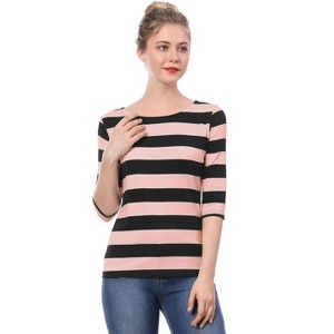 INSPIRE CHIC Women's Stripes Casual Basic Elbow Sleeves Boat Neck Slim Fit T-Shirts - 1 of 4