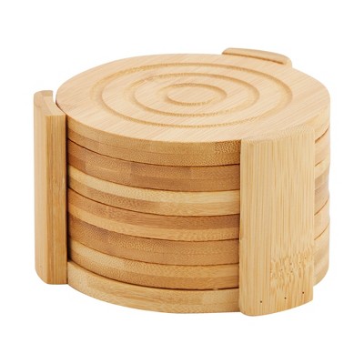 Coaster Set with Holder | Bamboo Wood | Includes 4 Round Coasters and one  Holder | Use for Drinks, Beverages, Beer, Coffee! | Barware Kitchen 