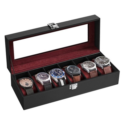 Songmics Watch Box 6 slot Watch Case With Large Glass Lid Removable Watch Pillows Watch Box Organizer Black Synthetic Leather Wine Red Lining Target