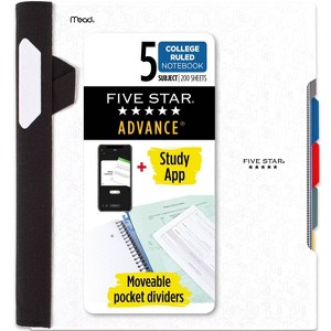 Five Star 200 Sheets 5 Subject College Ruled Spiral Notebook with Pocket Dividers White: School Supplies, 3 Hole Punched - 1 of 4
