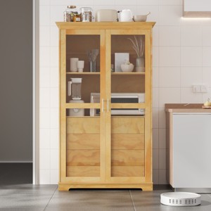 44.7'' Pine Pantry Cabinet with Glass Doors & 4 Drawers, Freestanding Kitchen Storage for Dining Living Room-3irtyhousy - 1 of 4
