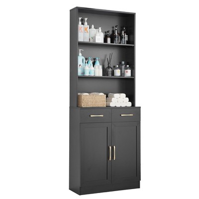TiramisuBest Bathroom Storage Cabinet, Cabinet with Two Doors and Drawers, Adjustable Shelf, Three-layer Open Shelf, MDF Board, Black