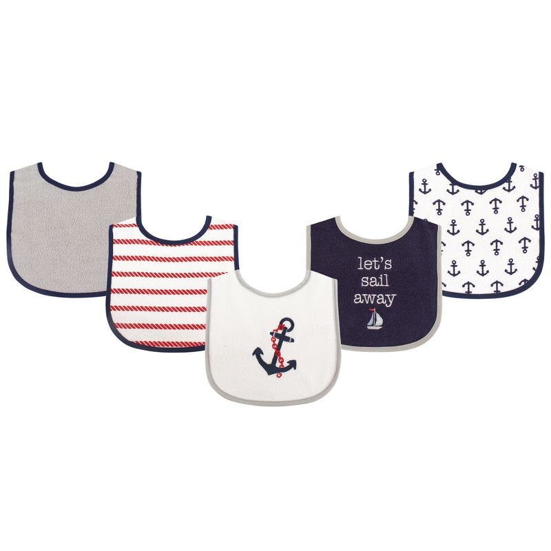 Luvable Friends Baby Boy Cotton Terry Drooler Bibs with PEVA Back 5pk, Boy Nautical, One Size, 1 of 3