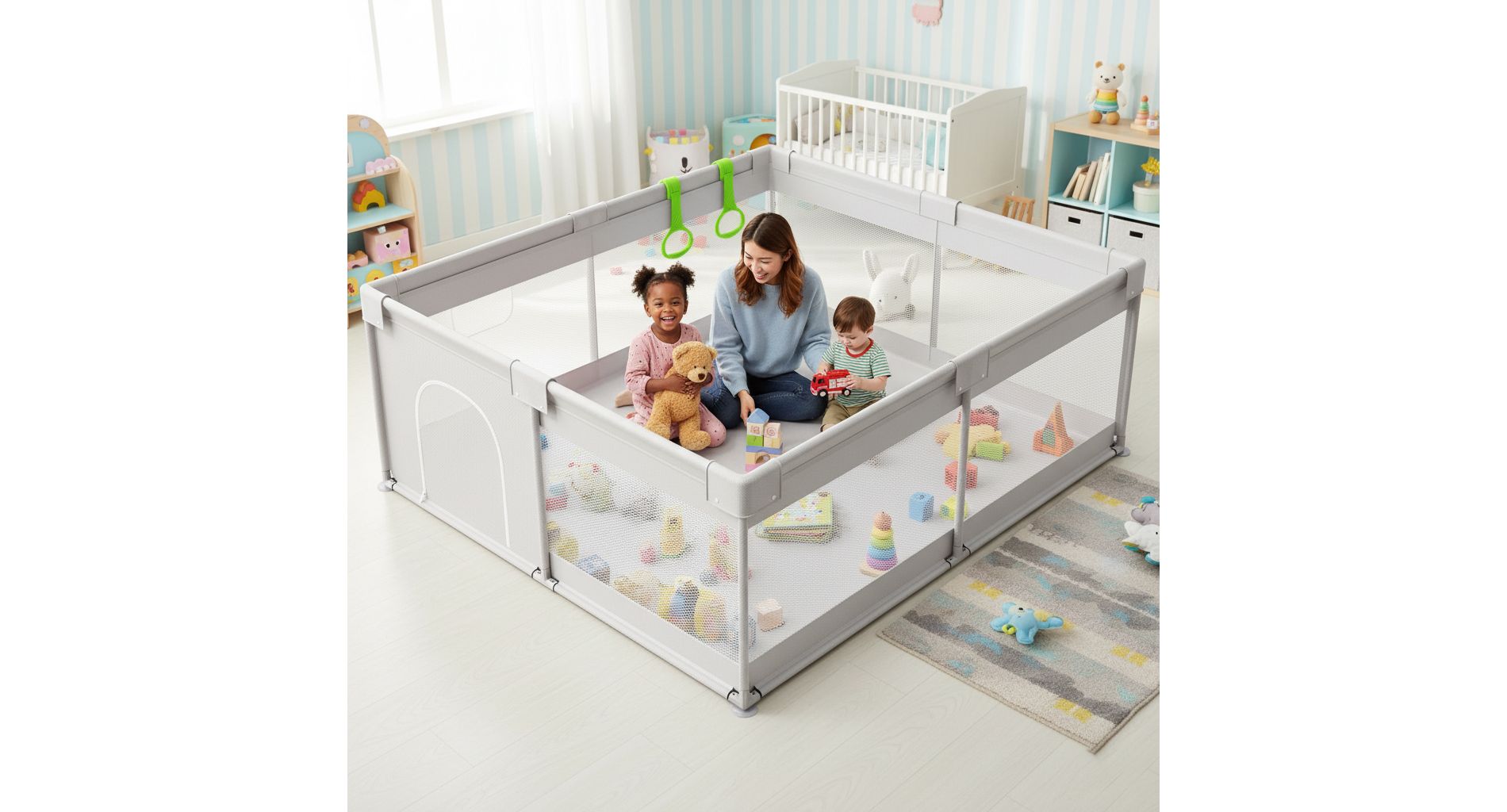 Extra Large Baby Playpen with Gate – Indoor Toddler Play Yard & Kids Play Area Fence, Sturdy Gray 69×59x26in