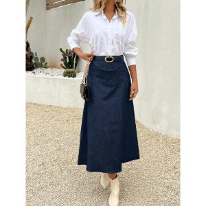 High Waist Dark Blue Denim Skirt, Elastic Waist Ankle-Length A-Line Skirt - 1 of 4