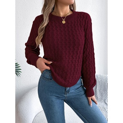 Women's Solid Knit Cable Sweater Casual Long Lantern Sleeve Pullover Crew Neck Knitted Tops