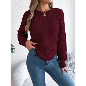 Women's Solid Knit Cable Sweater Casual Long Lantern Sleeve Pullover Crew Neck Knitted Tops - 1 of 4