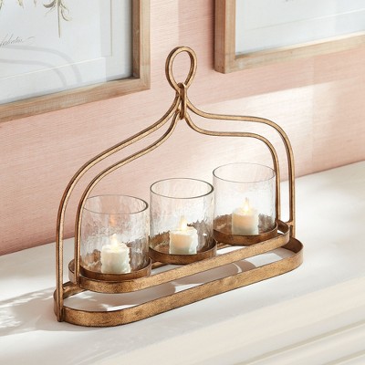 Gold Iron and Glass Triple Hurricane Candle Holder