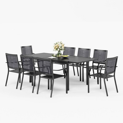 Captiva Designs 9pc Patio Slat-top Adjustable Steel Rectangle Table & Stackable Chairs with Bull's Eye Pattern