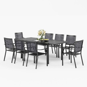 Captiva Designs 9pc Patio Slat-top Adjustable Steel Rectangle Table & Stackable Chairs with Bull's Eye Pattern - 1 of 4