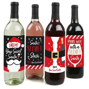 Big Dot of Happiness Secret Santa - Christmas Gift Exchange Party Decorations for Women and Men - Wine Bottle Label Stickers - Set of 4 - 1 of 4