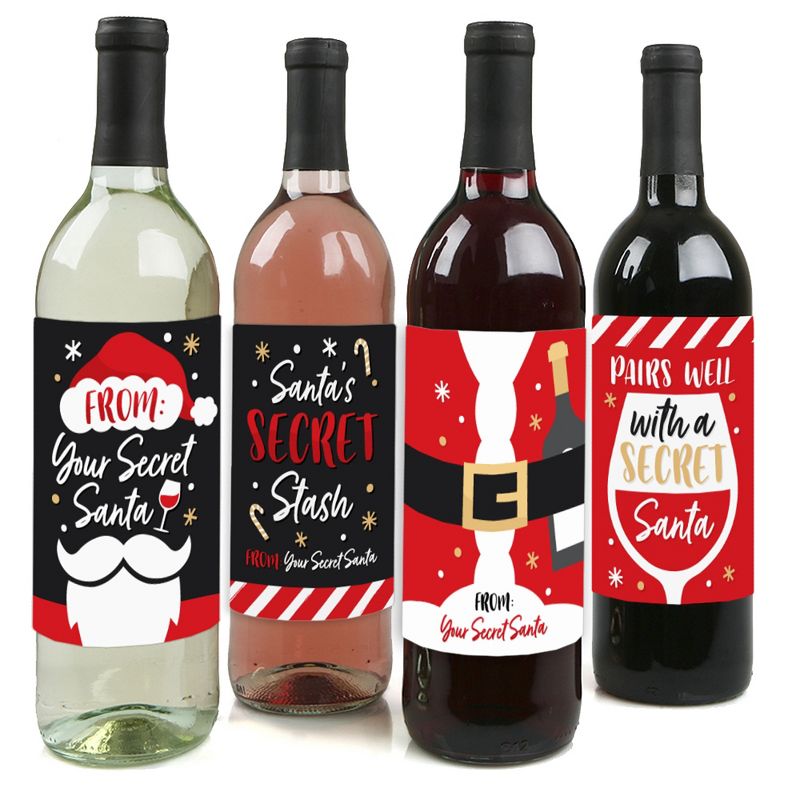 Big Dot of Happiness Secret Santa - Christmas Gift Exchange Party Decorations for Women and Men - Wine Bottle Label Stickers - Set of 4, 1 of 9
