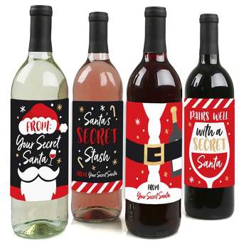Big Dot of Happiness Secret Santa - Christmas Gift Exchange Party Decorations for Women and Men - Wine Bottle Label Stickers - Set of 4