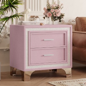 LIVAREEmlen Mid Century Vintage Nightstand with Silver Glitter Strip Decor and Metal Legs 2 Drawers, Fully Assembled Except Legs and Handles - 1 of 4