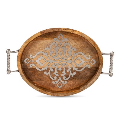 GG Collection Medium 20.75-Inch Long Wood and Metal Heritage Collection Oval Tray