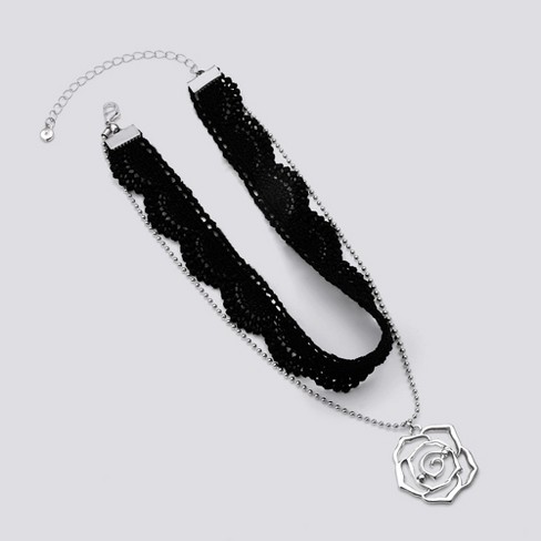 Lace & Chain Layered Choker Necklace With Cutout Rose Pendant - Wild ...