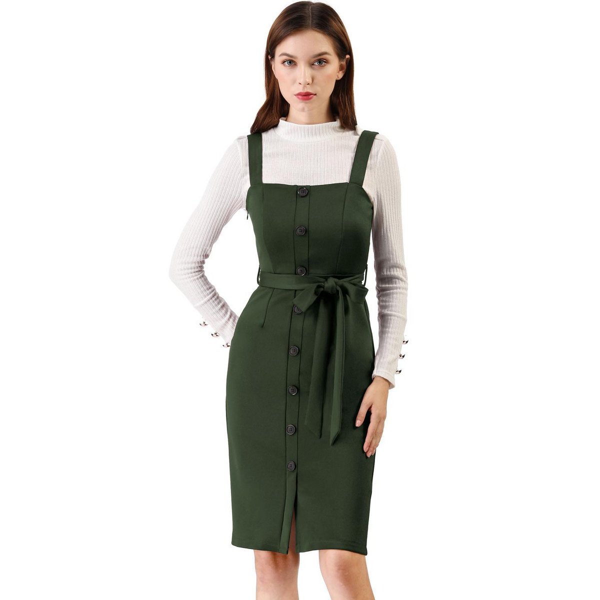 Женские платья INSPIRE CHIC Women's Classic Button Decor Slim Fit Sleeveless Tie Waist Pinafore Overall Dress Dark Green Medium — фото 2