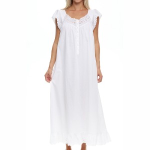 ADR Women's Cotton Nightgown, Short Sleeve Lace Trimmed Button Up Long Vintage Night Dress Gown - 1 of 4
