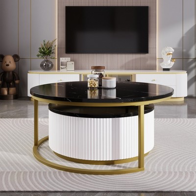 VYNXARIA Modern Round Nesting Coffee Table Set with Fluted Design and Drawer in Black & Gold