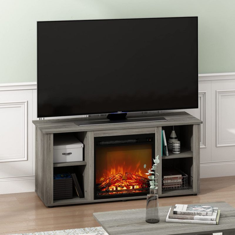 Furinno Jensen Fireplace Entertainment Center TV Stand with Open Storage for TV up to 55 Inch, French Oak Grey, 1 of 5