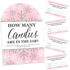 Big Dot of Happiness Pink Winter Wonderland Holiday Snowflake Birthday Party and Baby Shower Game - 1 Stand and 40 Cards - Candy Guessing Game - 1 of 4