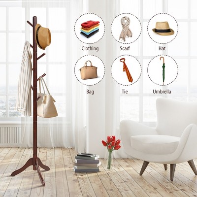 Adjustable Brown Rubber Wood Coat Rack with 8 Hooks