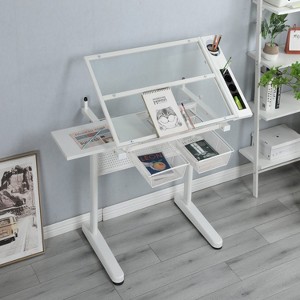 Gulches White Hand Crank Adjustable Drafting Table with 2 Metal Drawers Stool 5mm Tempered Glass Top 75 105cm Height - 1 of 4