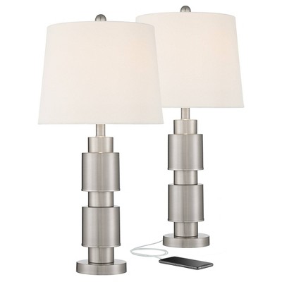 360 Lighting Modern Table Lamps 26" High Set of 2 with USB Charging Port Brushed Nickel White Drum Shade for Living Room Bedroom Bedside