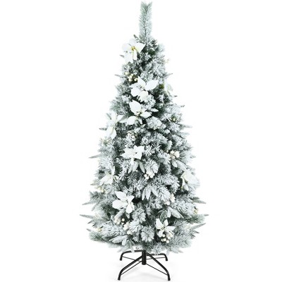 Costway 5ft Snow Flocked Christmas Pencil Tree w/ Berries & Poinsettia Flowers